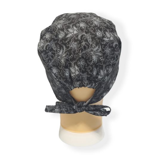 Short Hair Scrub Cap Black Flowered