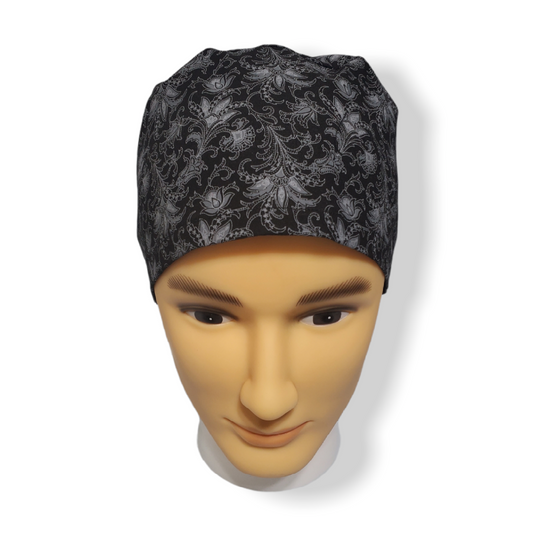 Short Hair Scrub Cap Black Flowered