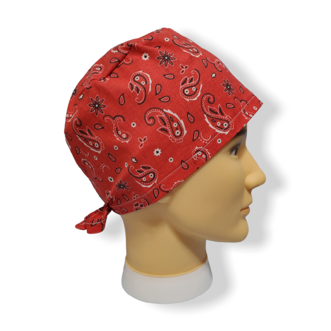 Short Hair Scrub Cap Red Bandana Pattern