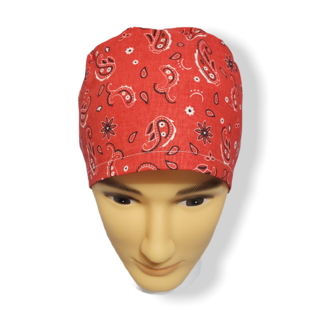 Short Hair Scrub Cap Red Bandana Pattern