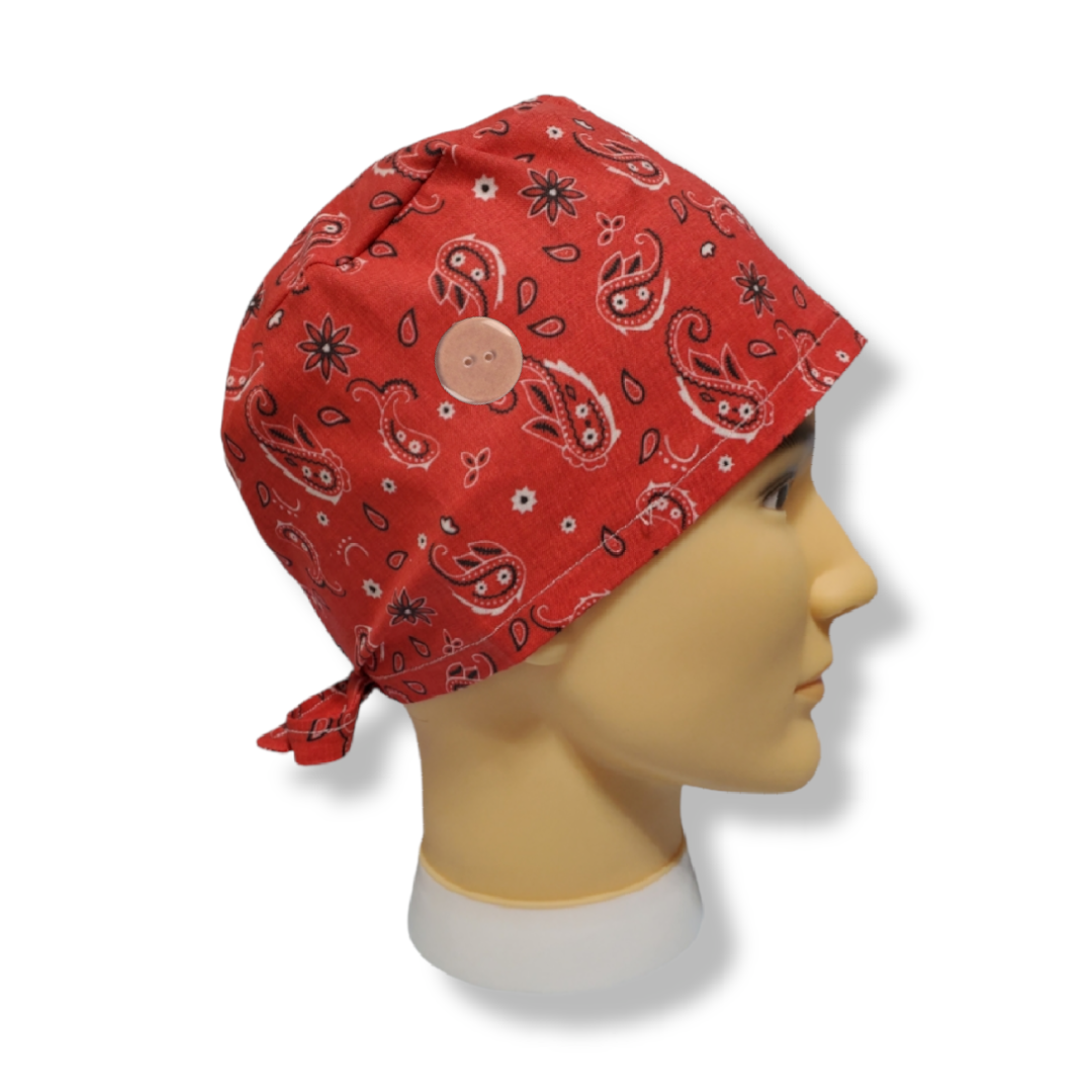 Short Hair Scrub Cap Red Bandana Pattern