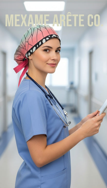 2 ways wearing Euro Style Traditional Japanese Scrub Shinbu Cap Doctors, Veterinarian, Dentist, Chef, Nurse